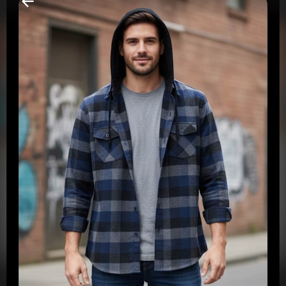 Revess Blue Buffalo Plaid W/Attached Hood Button Up Shirt Size Men's Large